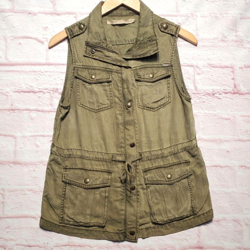 Max Jeans Utility Vest Womens XS Green Cargo Pockets Drawstring‎ Waist Safari